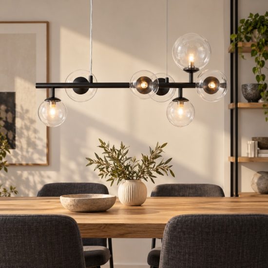Lampadario 5 luci moderno a sospensione lineare oro ottone vetro per soggiorno