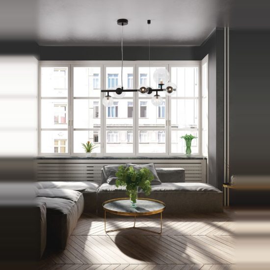 Lampadario 5 luci moderno a sospensione lineare oro ottone vetro per soggiorno