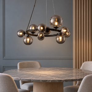 Lampadario 11 luci moderno a sospensione fume e nero vetro per soggiorno