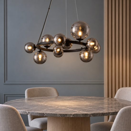 Lampadario 11 luci moderno a sospensione fume e nero vetro per soggiorno