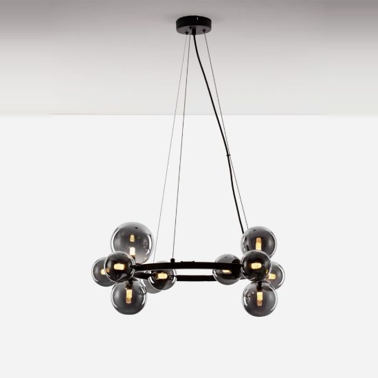 Lampadario 11 luci moderno a sospensione fume e nero vetro per soggiorno