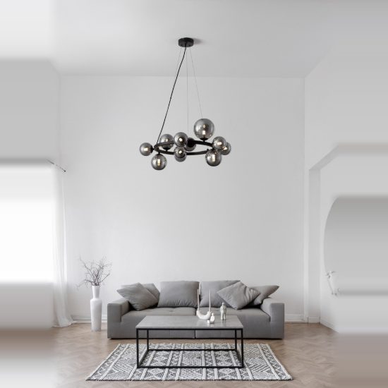 Lampadario 11 luci moderno a sospensione fume e nero vetro per soggiorno