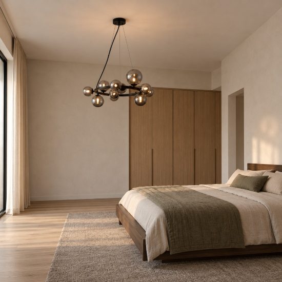 Lampadario 11 luci moderno a sospensione fume e nero vetro per soggiorno