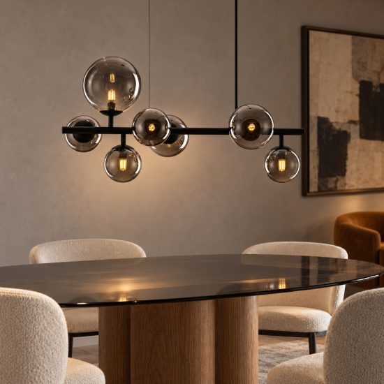 Lampadario 7 luci moderno a sospensione fume e nero vetro per soggiorno