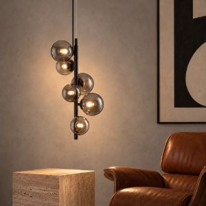 Lampadario 6 luci moderno a sospensione fume e nero vetro per soggiorno