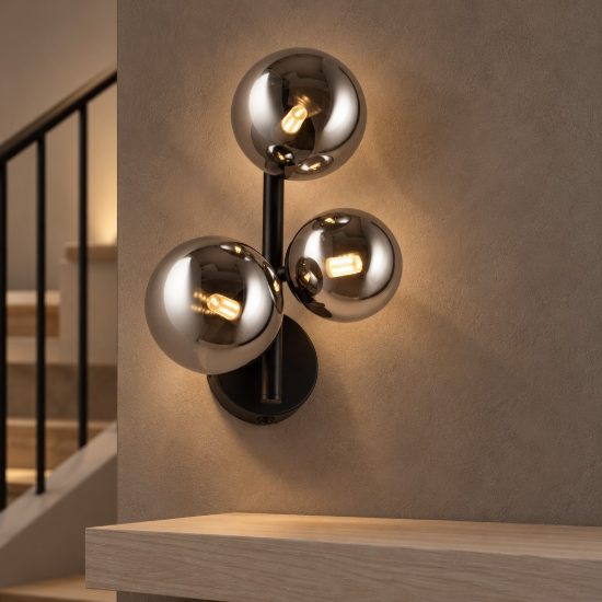 Applique 23cm moderna da parete sferica fume e nero vetro