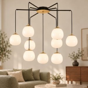 Lampadario moderno per soggiorno oro nero e opale a sospensione 9 luci