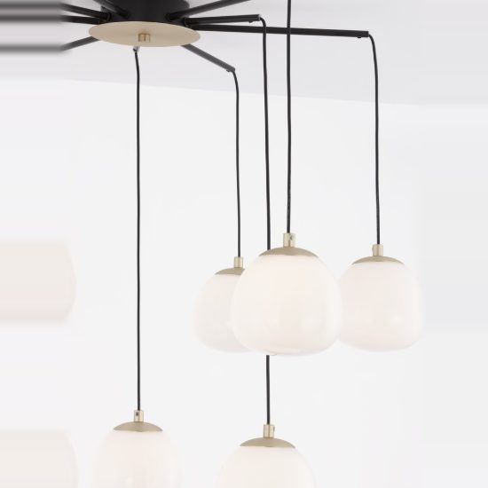 Lampadario moderno per soggiorno oro nero e opale a sospensione 9 luci