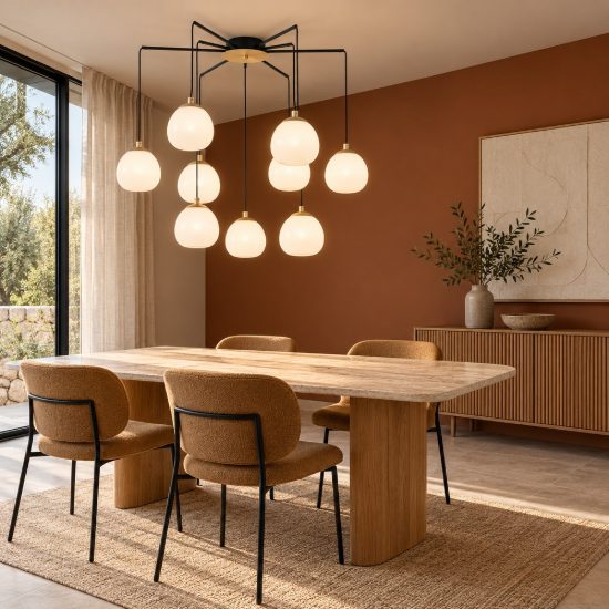 Lampadario moderno per soggiorno oro nero e opale a sospensione 9 luci