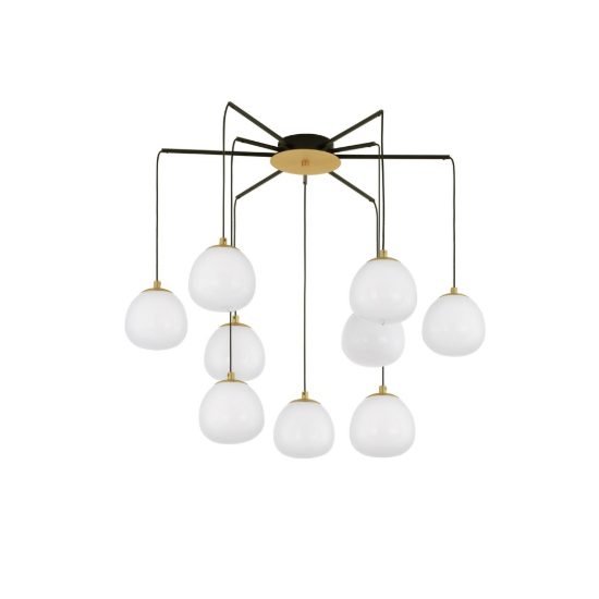 Lampadario moderno per soggiorno oro nero e opale a sospensione 9 luci