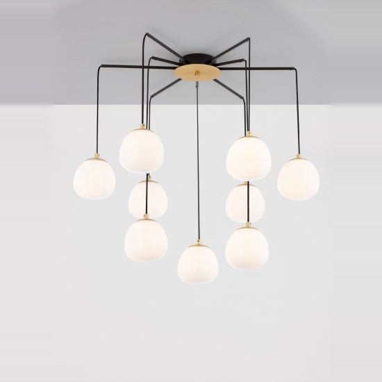 Lampadario moderno per soggiorno oro nero e opale a sospensione 9 luci