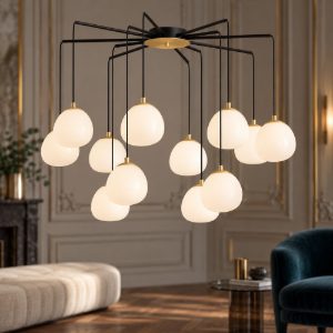 Lampadario moderno per soggiorno oro nero e opale a sospensione 12 luci