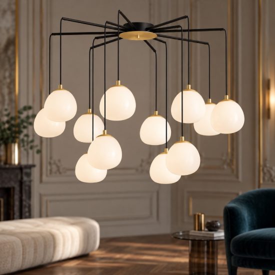 Lampadario moderno per soggiorno oro nero e opale a sospensione 12 luci
