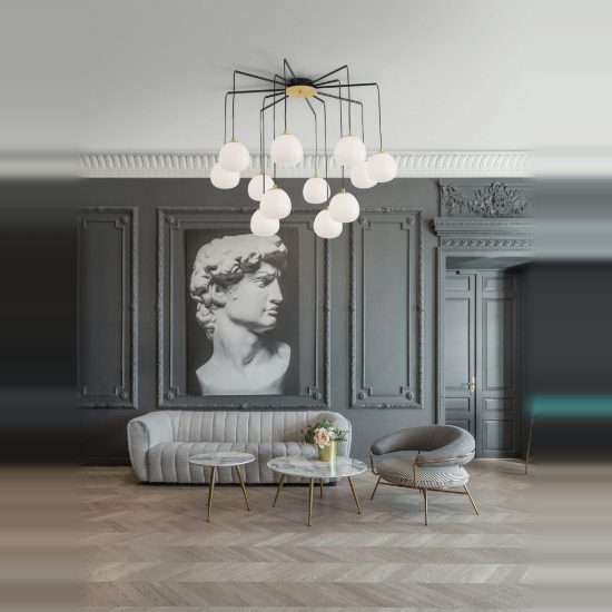 Lampadario moderno per soggiorno oro nero e opale a sospensione 12 luci