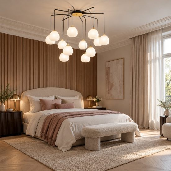 Lampadario moderno per soggiorno oro nero e opale a sospensione 12 luci