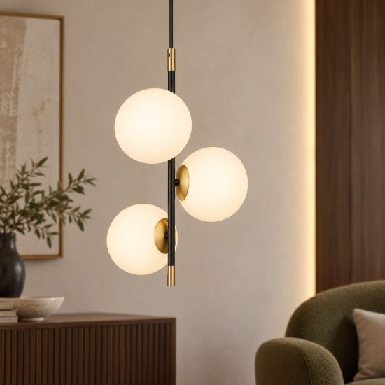 Lampadario per camera da letto nero oro e opale a sospensione 3 luci
