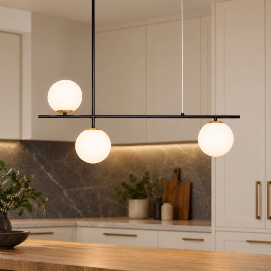 Lampadario per cucina moderno nero oro e opale a sospensione 3 luci
