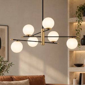 Lampadario per soggiorno contemporaneo nero oro e opale a sospensione 6 luci