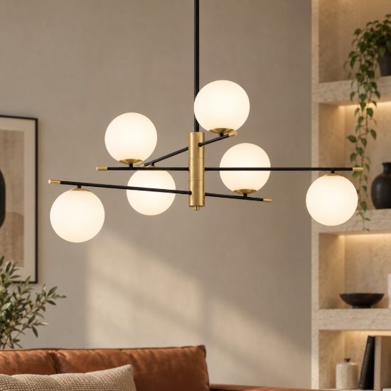 Lampadario per soggiorno contemporaneo nero oro e opale a sospensione 6 luci