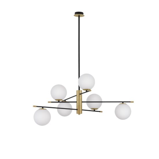 Lampadario per soggiorno contemporaneo nero oro e opale a sospensione 6 luci