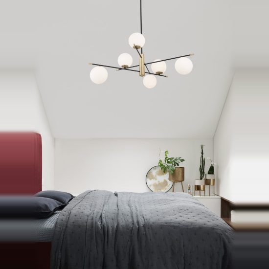 Lampadario per soggiorno contemporaneo nero oro e opale a sospensione 6 luci