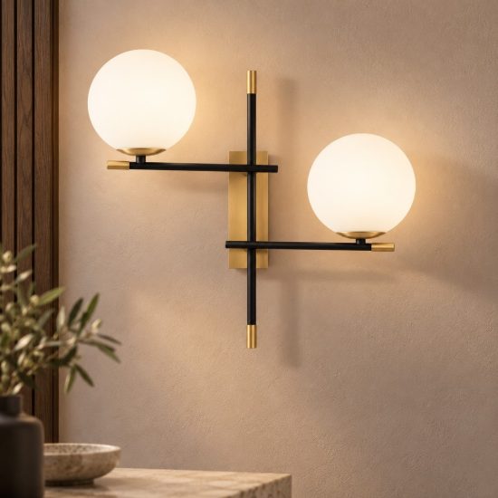 Applique 44cm da parete contemporanea sferica nero oro opale vetro per soggiorno