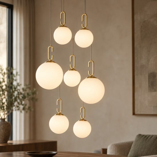 Lampadario opale e oro per soggiorno led 52w 3000k 7 luci dimmerabile