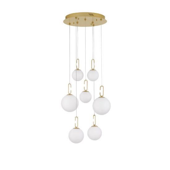 Lampadario opale e oro per soggiorno led 52w 3000k 7 luci dimmerabile