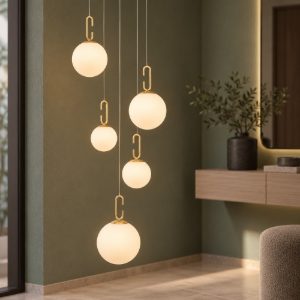 Lampadario a sospensione opale e oro per soggiorno led 30w 3000k 5 luci dimmerabile