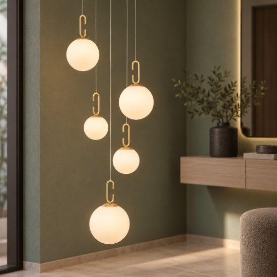 Lampadario a sospensione opale e oro per soggiorno led 30w 3000k 5 luci dimmerabile