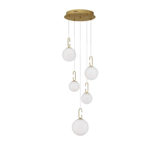 Lampadario a sospensione opale e oro per soggiorno led 30w 3000k 5 luci dimmerabile