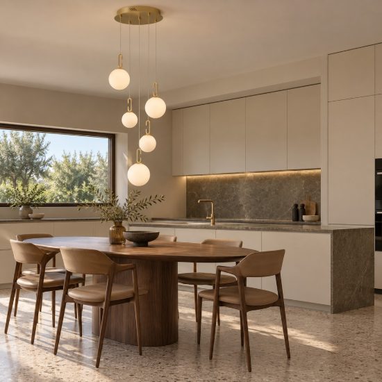Lampadario a sospensione opale e oro per soggiorno led 30w 3000k 5 luci dimmerabile