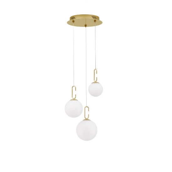 Lampadario per camera da letto sfere opale e oro led 26w 3000k 3 luci pendenti