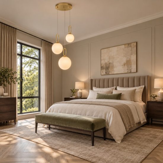 Lampadario per camera da letto sfere opale e oro led 26w 3000k 3 luci pendenti