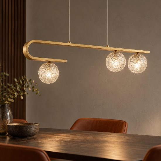 Lampadario 3 luci per cucina a sospensione lineare oro ottone vetro