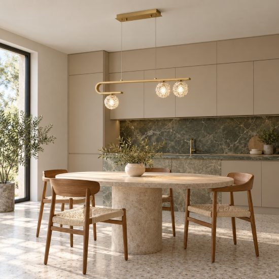 Lampadario 3 luci per cucina a sospensione lineare oro ottone vetro