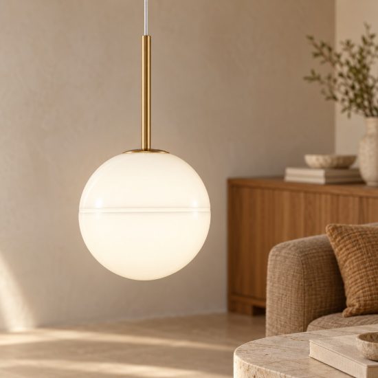 Lampada sfera boccia a sospensione bianco latte e oro ottone vetro