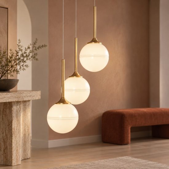 Lampadario a sospensione 3 luci per sala da pranzo bianco latte e oro ottone