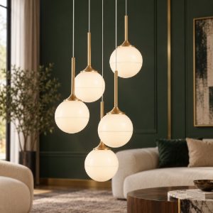 Lampadario 5 luci a sospensione bianco latte e oro ottone per soggiorno