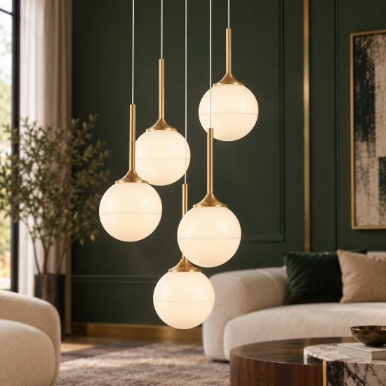 Lampadario 5 luci a sospensione bianco latte e oro ottone per soggiorno