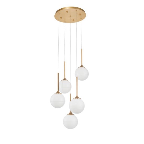 Lampadario 5 luci a sospensione bianco latte e oro ottone per soggiorno