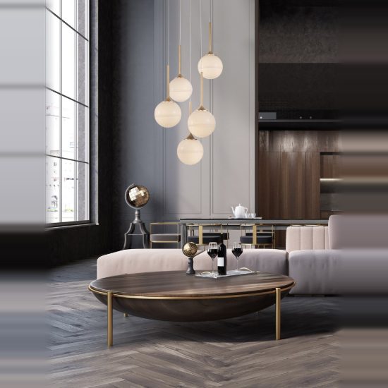 Lampadario 5 luci a sospensione bianco latte e oro ottone per soggiorno