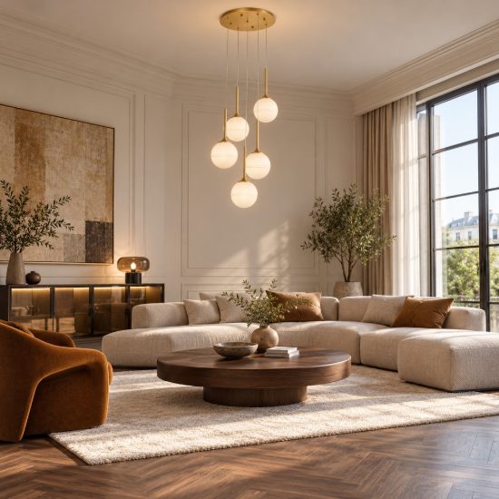 Lampadario 5 luci a sospensione bianco latte e oro ottone per soggiorno