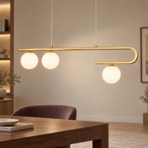 Lampadario a sospensione 3 luci per cucina bianco latte e oro ottone