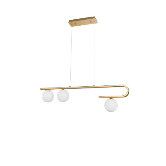 Lampadario a sospensione 3 luci per cucina bianco latte e oro ottone