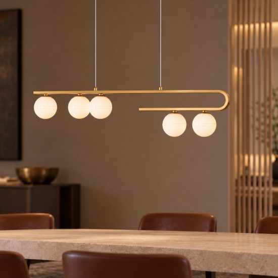 Lampadario a sospensione 5 luci per soggiorno bianco latte e oro ottone