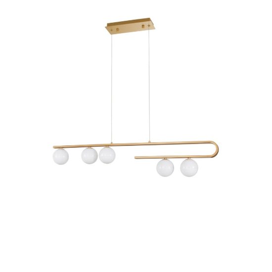 Lampadario a sospensione 5 luci per soggiorno bianco latte e oro ottone