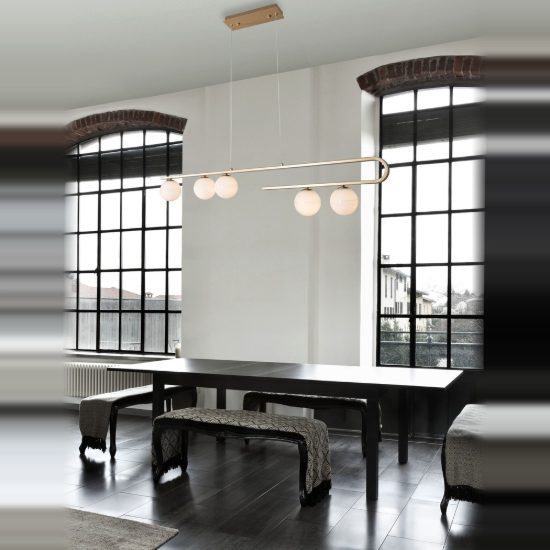 Lampadario a sospensione 5 luci per soggiorno bianco latte e oro ottone