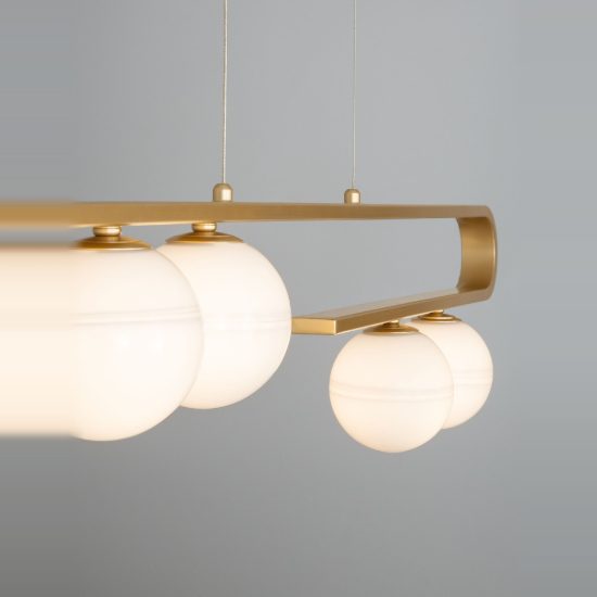 Lampadario a sospensione 5 luci per soggiorno bianco latte e oro ottone