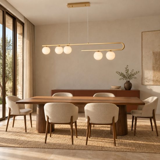 Lampadario a sospensione 5 luci per soggiorno bianco latte e oro ottone